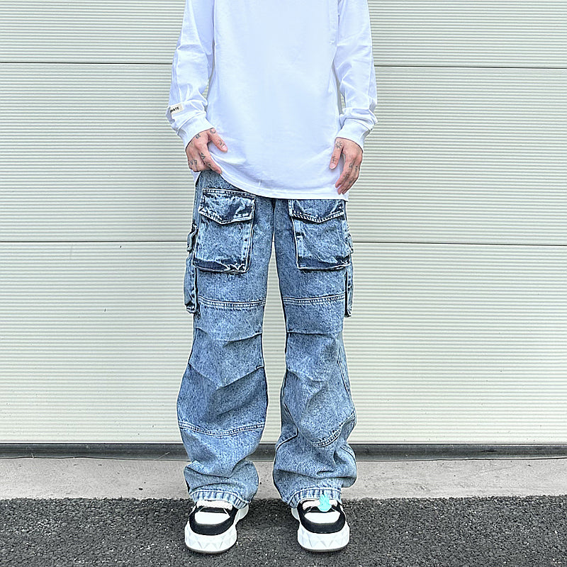 fashion loose streetwear cargo denim jeans unisex casual multi pocket wide legs jean pants hip hop joggers mens baggy jeans unique joggers style 2970