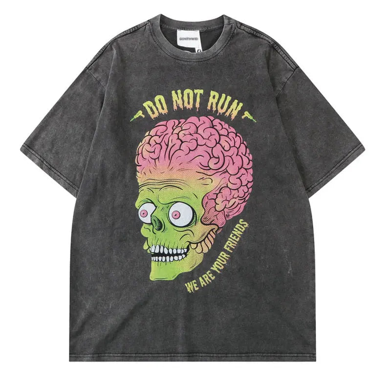 Y2k Aesthetic print tee – Men Punk T Shirt Hip Hop Funny Brain Zombie Print Distressed