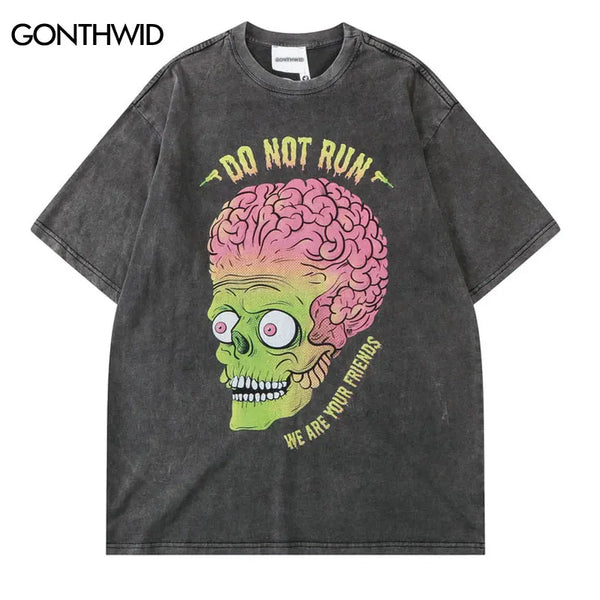 Y2k Aesthetic print tee – Men Punk T Shirt Hip Hop Funny Brain Zombie Print Distressed