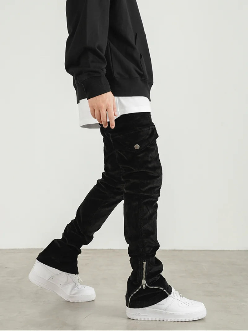 mens corduroy cargo pants new casual hip hop side pockets skinny trousers streetwear bottom zipper fashion slim fit pant joggers streetwear sweatpants