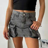 Vintage Y2K New Harajuku Multiple Pockets Denim Plaid Skirt Goth Black Mini Skir Fashion Womens Casual Versatile Sexy Streetwear