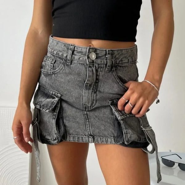 Vintage Y2K New Harajuku Multiple Pockets Denim Plaid Skirt Goth Black Mini Skir Fashion Womens Casual Versatile Sexy Streetwear