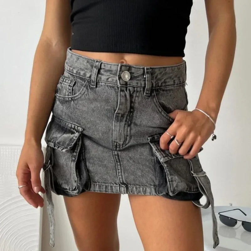 Vintage Y2K New Harajuku Multiple Pockets Denim Plaid Skirt Goth Black Mini Skir Fashion Womens Casual Versatile Sexy Streetwear