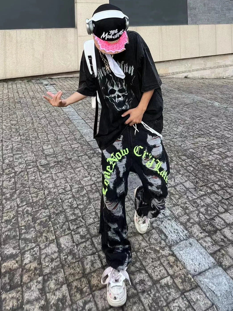 destroy ripped holes front letters embroidery denim jean pants men casual harajuku jean trouser hip hop streetwear pants joggers unique joggers style 3138