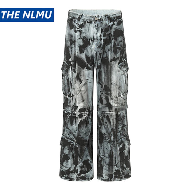 vintage dirty tie dye baggy jeans men multi pocket loose white straight jeans trousers luxury designer oversized denim pant vintage washed jeans
