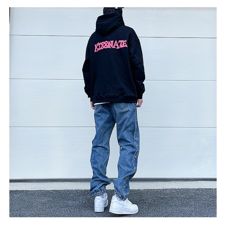 washed distressed denim sweatpant cashew flower patchwork oversized splice buckle jogging jeans casual button baggy men clothing unique joggers style 4358