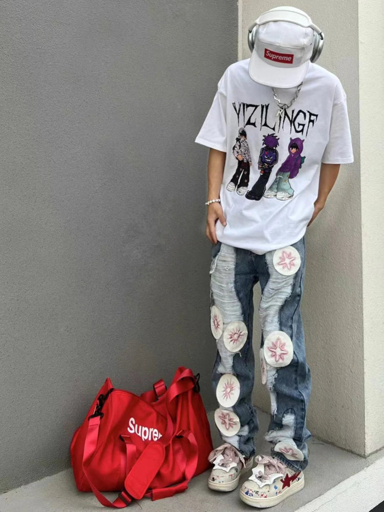 harajuku y2k stars embroidery patchwork ripped holes denim jeans casual straight jean pants mens hip hop streetwear jeans pants stacked flare jeans