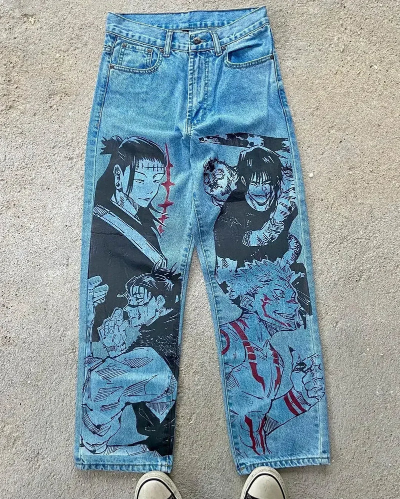 harajuku popular anime kokushibo print baggy jeans new style wide leg trouser y2k streetwear for men women high waist pants unique jeans style 4303
