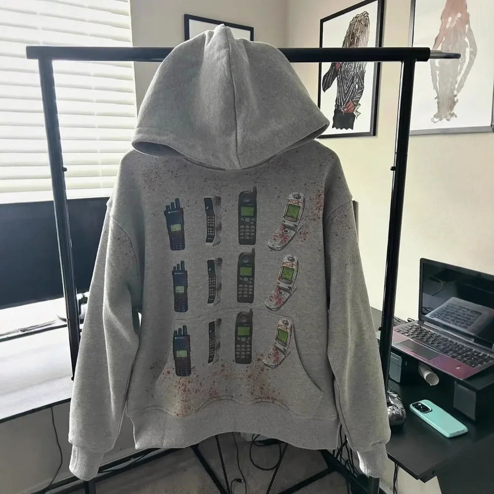 Y2K Autumn Winter Outfit Long Sleeve Hoodie Dark Retro Printed Sweatshirt
