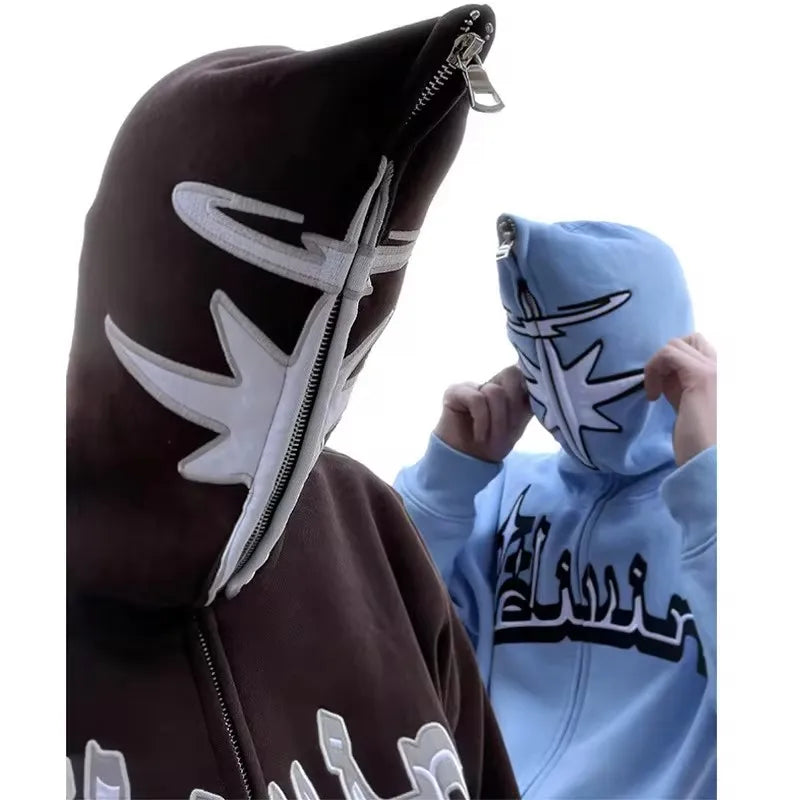 Y2K Full Zip Hoodies Embroidery Pattern Gothic Hooded Sweatshirts Over