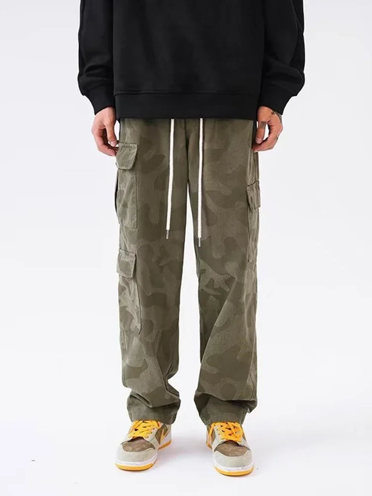 army green hip hop cargo pants for men camouflage loose american street overalls multi pocket drawstring straight trousers unique cargo style 3263