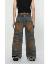 2 pieces sets mens dirty graffiti wide shouder denim jeans jacket coat and ripped holes wide legs pants joggers streetwear sets unique joggers style 4564