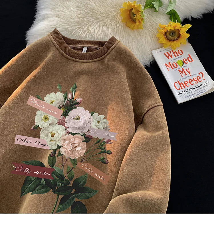 Vintage Floral Graphic Men Sweatshirt Spring Autumn Gothic Round Neck Pullover Hip Hop Streetwear Y2k Sweatshirts