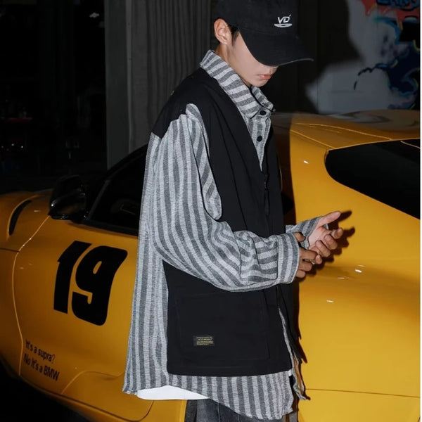 checkered varsity coat, layered streetwear look, trendy
