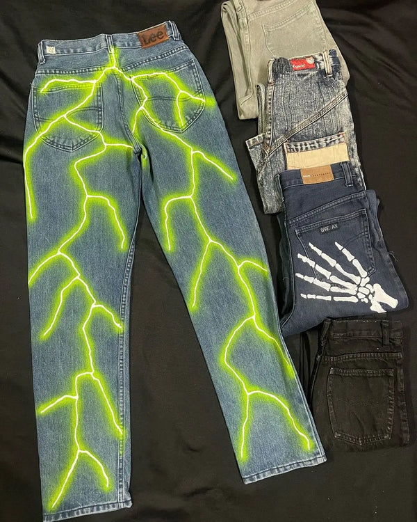 hip hop casual green lightning pattern mens pants sweatpants y2k men jeans street straight harajuku streetwear men clothing casual joggers