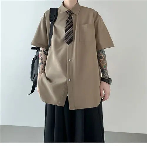 Korean style brown tie shirt men short-sleeved summer Hong Kong style y2k retro drape high-end men shirt casual versatile top