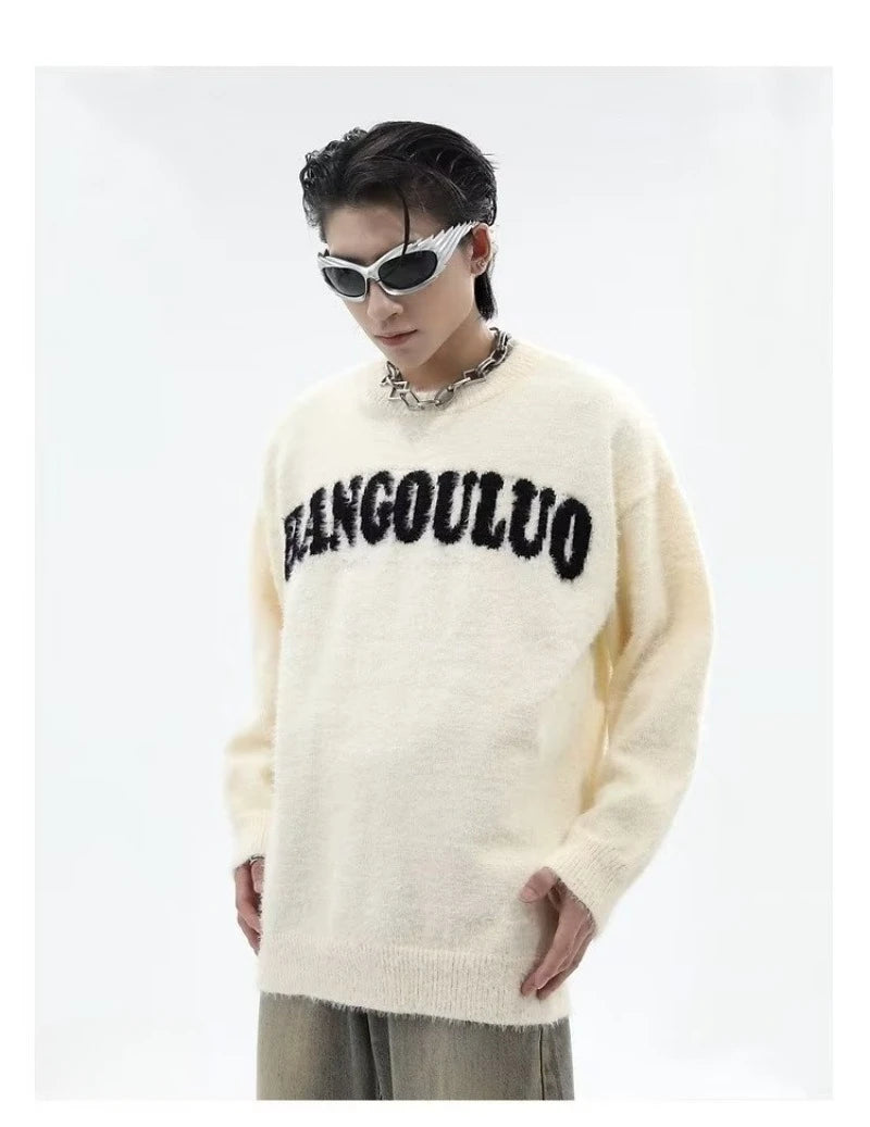 oversized knit pullover, fall/winter fashion, soft knit pullover with flame design, y2k fashion statement