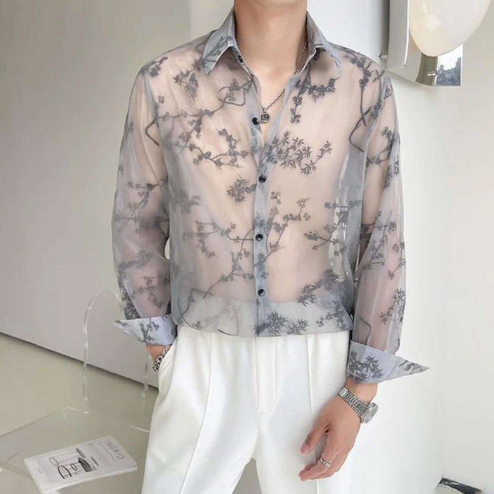 Mens Shirt Semi Transparent Exquisite Bamboo Plum Jacquard Embroidery Pattern Shirt Light Weight Sensual Long Sleeve Tops Summer