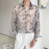 Mens Shirt Semi Transparent Exquisite Bamboo Plum Jacquard Embroidery Pattern Shirt Light Weight Sensual Long Sleeve Tops Summer