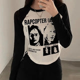 Harajuku Vintage print – Y2K Clothes Long Sleeve T Shirt Autumn Woman Black White Gra