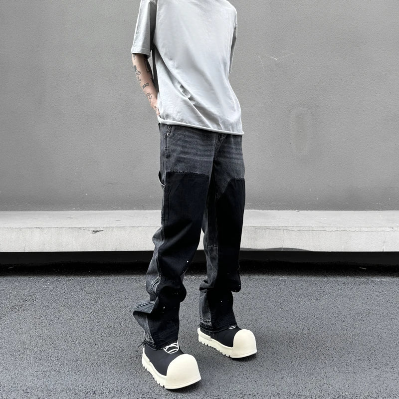 retro washed denim mens jeans pants fashion graffiti patchwork loose biker black jeans streetwear hip hop casual straight pants unique jeans style 5252