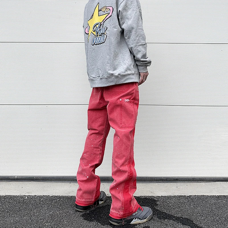 color washed denim mens jeans pants fashion graffiti patchwork loose biker red jeans streetwear hip hop casual straight pants unique jeans style 5171