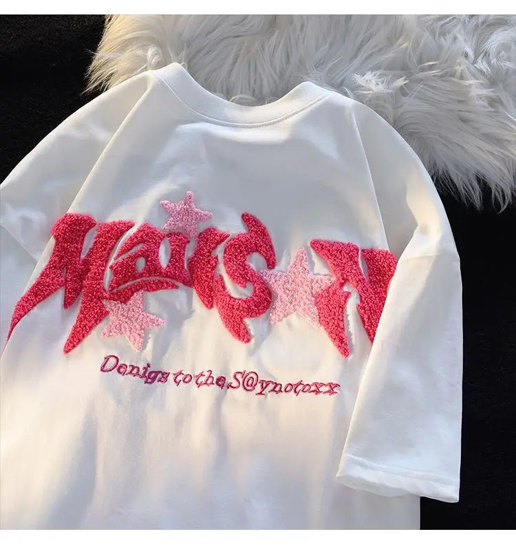 Vaporwave Aesthetic print tee – Cartoon 3D Letter Flocking Embroidery Hip Hop T Shirts Unise