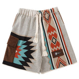 mens casual cargo shorts summer american retro knitted shorts contrast color embroidery geometric beach five point casual pants unique cargo style 3426