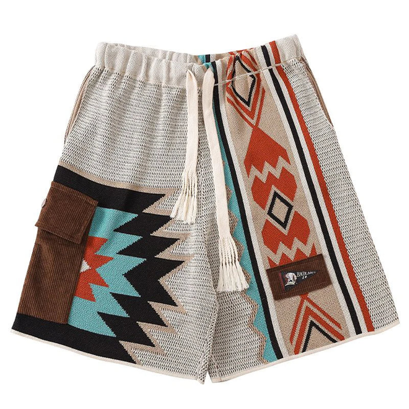mens casual cargo shorts summer american retro knitted shorts contrast color embroidery geometric beach five point casual pants unique cargo style 3426