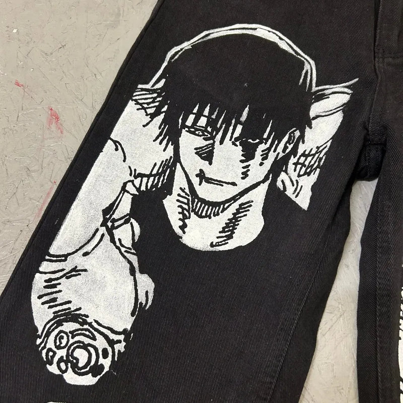 harajuku many ghost faces print y2k men s jeans popular anime baggy jeans wide leg pants streetwear trouser men clothing unique jeans style 5777