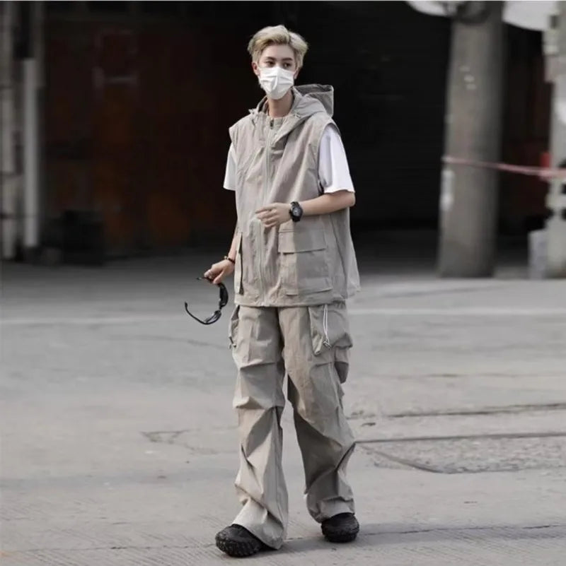 summer casual sleeveless set men hip hop loose hooded vest pockets straight leg cargo pants 2 piece outdoors sports camp suit unique cargo style 4407