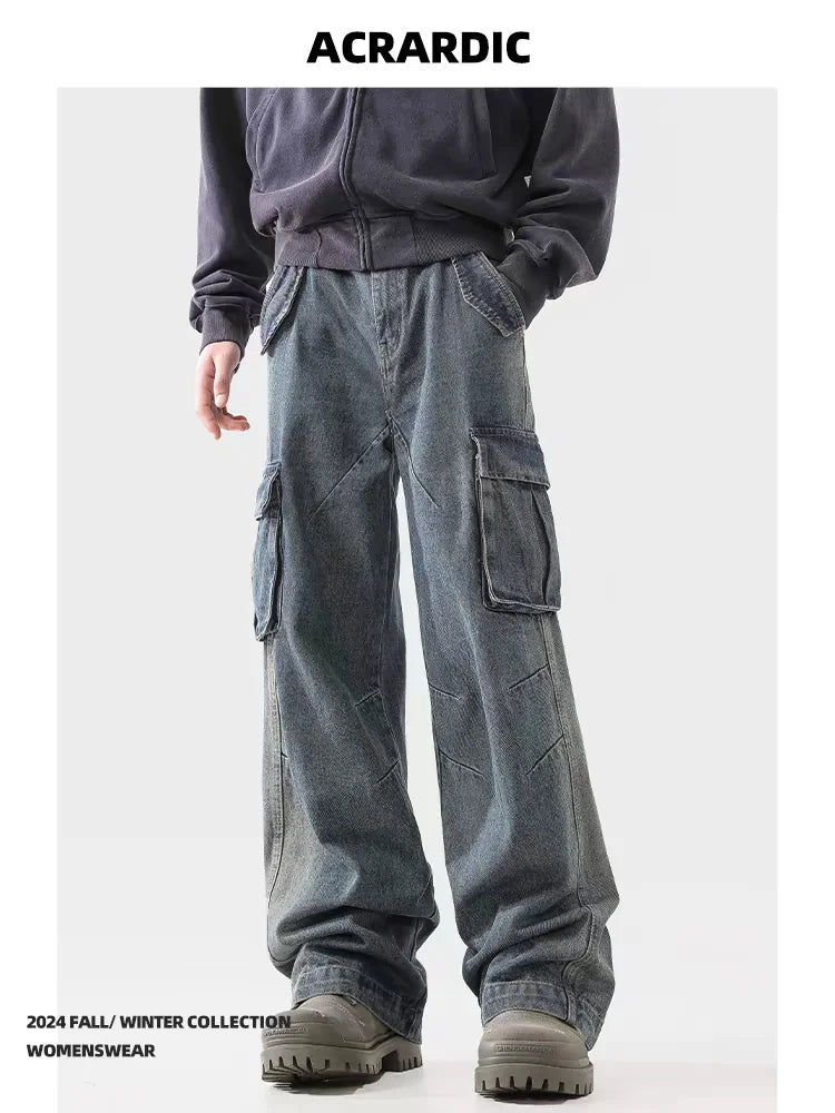 american spring and autumn street trendy personalized work clothes jeans for couples loose retro straight leg casual pants y2k unique jeans style 4979