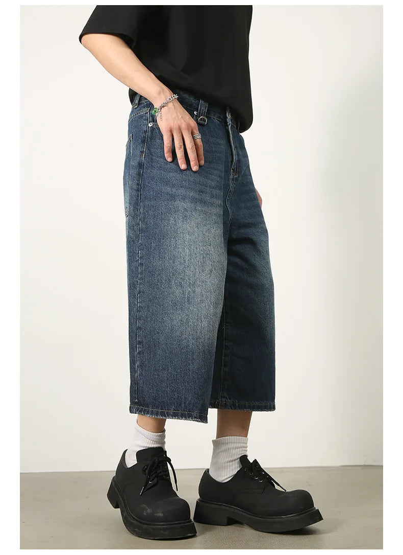 men summer streetwear fashion loose casual wide leg denim calf length jeans pants male vintage jeans baggy hosen pants unique jeans style 1493