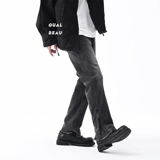 men streetwear hem zipper plus size distressed retro fashion loose casual denim pants jeans cityboy jeans trousers 28 40 ripped baggy denim