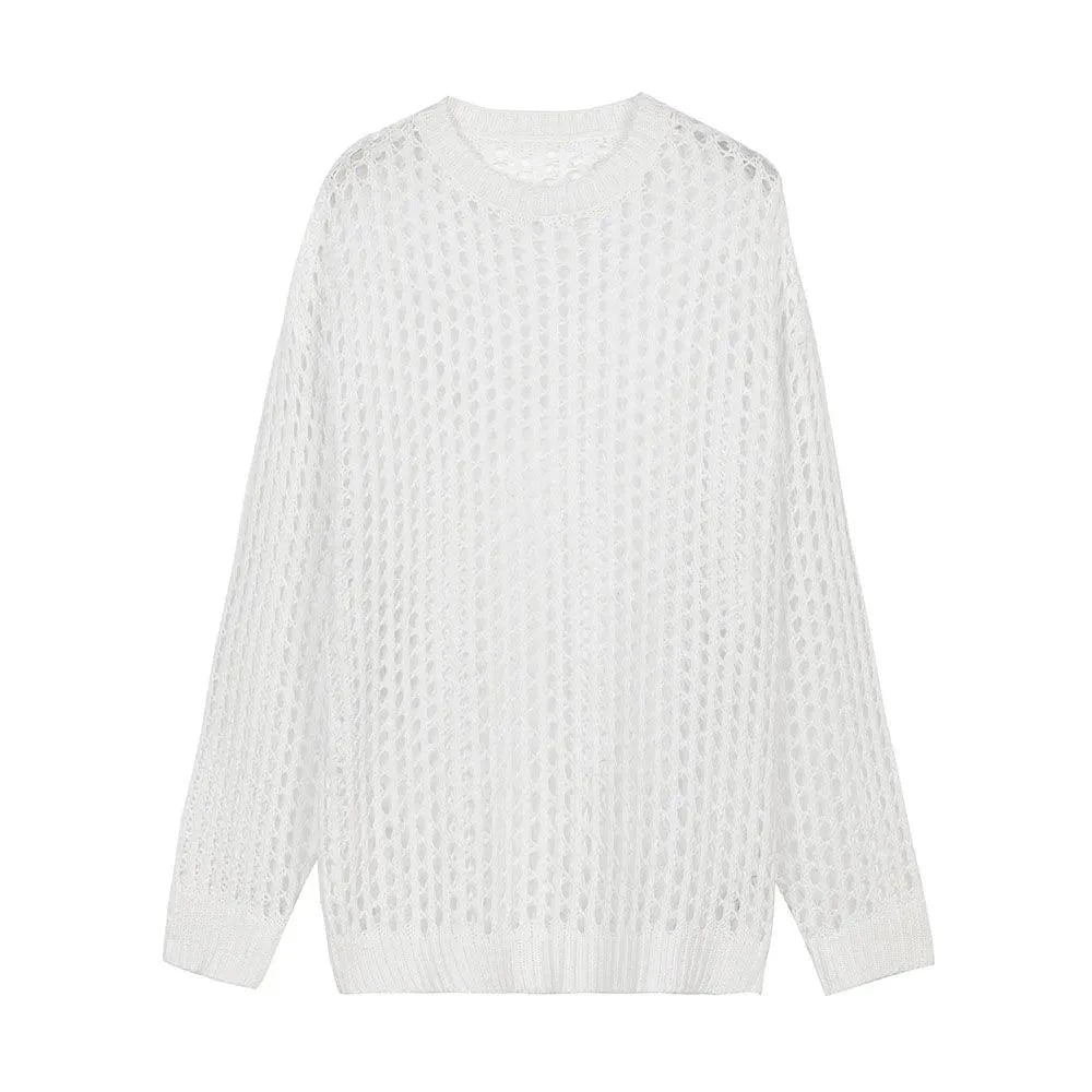 Casual Pullovers Hollow Out Outfits Fishnet Smock Tops Men Fashion Loose Long Sleeve See-though Knit Shirts Y2k Sexy Holes Shirt