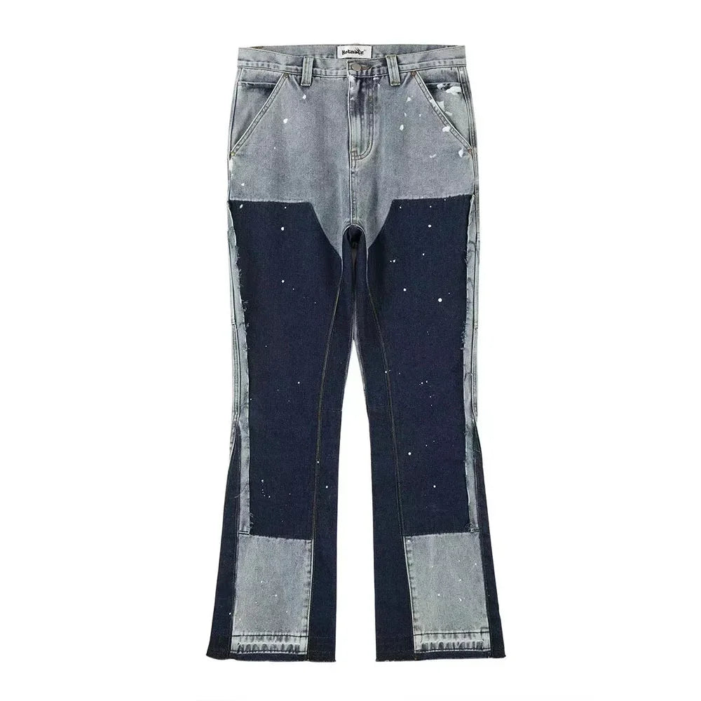 high street spliced speckled ink micro flare pants for men and women patchwork baggy jeans ropa hombre casual denim trousers unique jeans style 3573