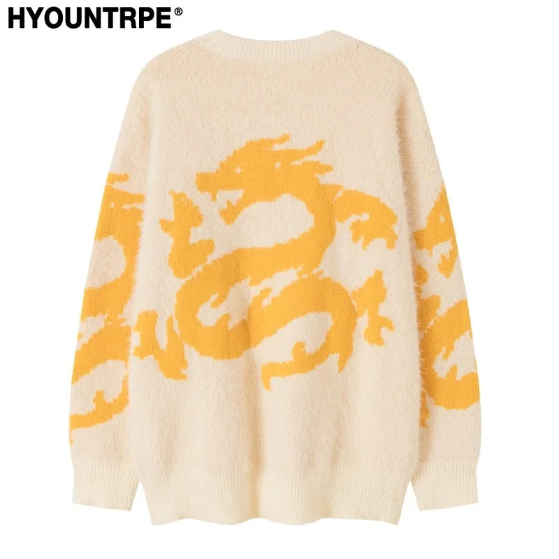 hip hop knitted sweater men winter o neck anime chinese dragon pattern pullover streetwear casual loose sweater jumper knitwear high quality cotton pullover, Y2K vintage urban hoodie, trendy hip hop style outerwear