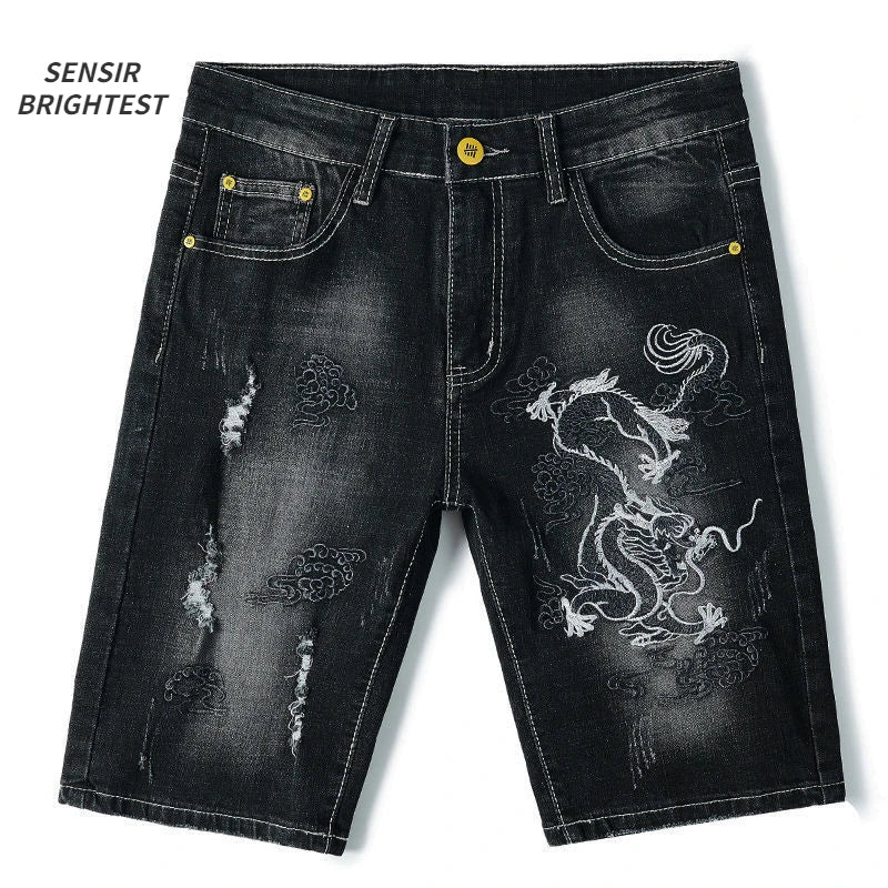 Summer Embroidered Eagle Denim Shorts Men's Summer Thin Fit Good Quality Ripped