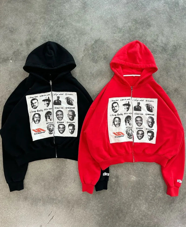 American Retro Cartoon Print Oversized Hoodie Men Y2K Trendy Brand Hig