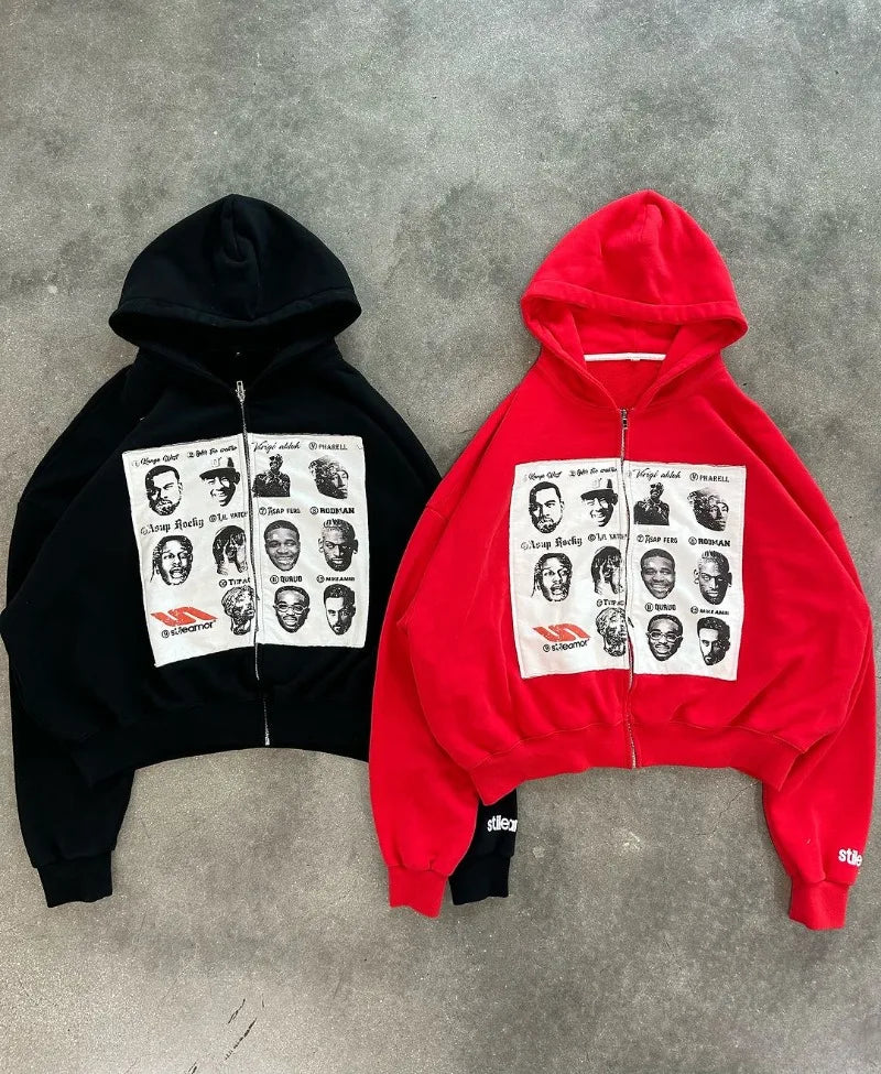 American Retro Cartoon Print Oversized Hoodie Men Y2K Trendy Brand Hig