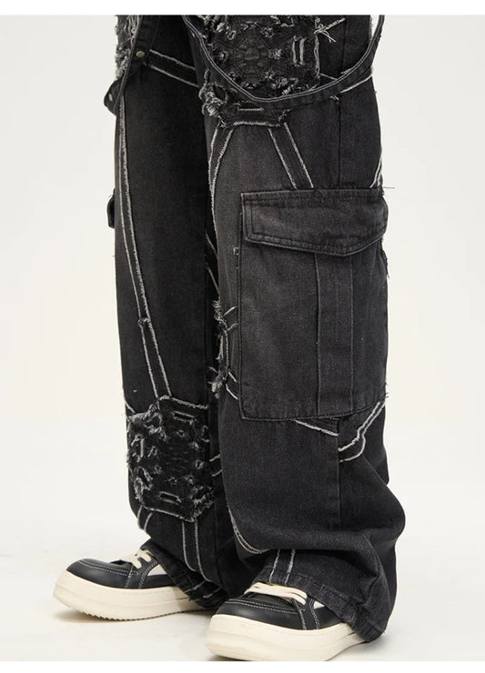 punk belt denim jeans pants women harajuku streetwear side pocket cotton men unisex casual baggy joggers straight pants trousers streetwear sweatpants