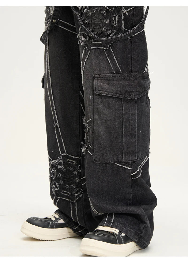 punk belt denim jeans pants women harajuku streetwear side pocket cotton men unisex casual baggy joggers straight pants trousers streetwear sweatpants