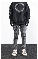 side pocket denim retro jeans mens biker zipper jean trousers hip hop fashion high street slim fit pants joggers y2k men s jeans unique joggers style 2941