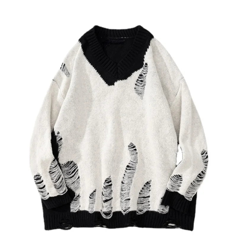 hip hop streetwear knitted sweater sweater 2022 mens harajuku ripped holes new casual v neck tops cotton loose pullover sweaters - vintage look oversized hoodie, bold artwork streetwear hoodie, Y2K grunge street style