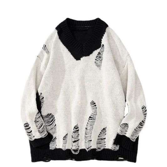 hip hop streetwear knitted sweater sweater 2022 mens harajuku ripped holes new casual v neck tops cotton loose pullover sweaters - vintage look oversized hoodie, bold artwork streetwear hoodie, Y2K grunge street style