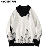 hip hop streetwear knitted sweater sweater 2022 mens harajuku ripped holes new casual v neck tops cotton loose pullover sweaters - vintage look oversized hoodie, bold artwork streetwear hoodie, Y2K grunge street style