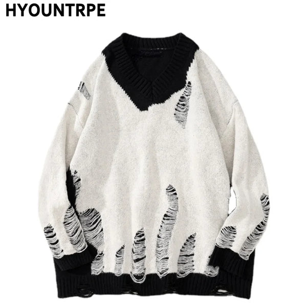 hip hop streetwear knitted sweater sweater 2022 mens harajuku ripped holes new casual v neck tops cotton loose pullover sweaters - vintage look oversized hoodie, bold artwork streetwear hoodie, Y2K grunge street style