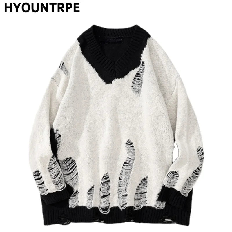 hip hop streetwear knitted sweater sweater 2022 mens harajuku ripped holes new casual v neck tops cotton loose pullover sweaters - vintage look oversized hoodie, bold artwork streetwear hoodie, Y2K grunge street style