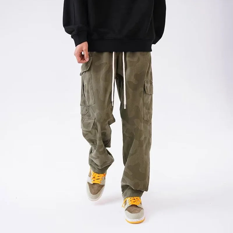 army green hip hop cargo pants for men camouflage loose american street overalls multi pocket drawstring straight trousers unique cargo style 3262