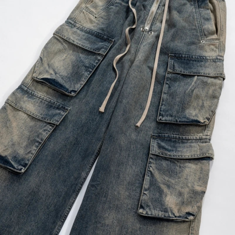 fashion denim baggy cargo jean pants men hip hop elastic waist wide legs retro washed jeans side pocket streetwear jeans joggers unique joggers style 4487